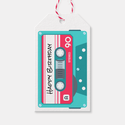 gift tag with blue and pink audio tape cassette.